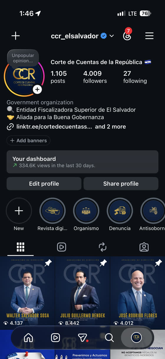 Perfil de Instagram con 334.6K vistas en 30 días e historias destacadas por tema